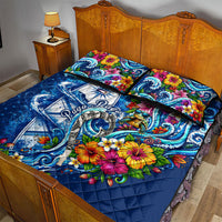 American Samoa Pago Pago Quilt Bed Set Sea Turtle And Fruit Bat - Tropical Hibiscus Flowers Polynesian