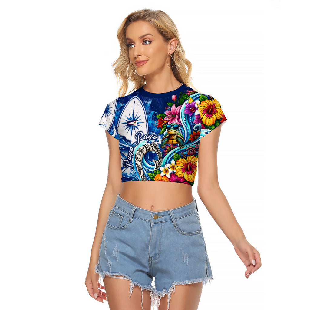 American Samoa Pago Pago Raglan Cropped T Shirt Sea Turtle And Fruit Bat - Tropical Hibiscus Flowers Polynesian TS04 Female Blue White - Polynesian Pride