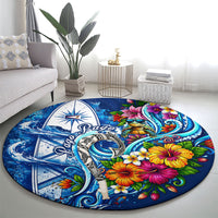 American Samoa Pago Pago Round Carpet Sea Turtle And Fruit Bat - Tropical Hibiscus Flowers Polynesian