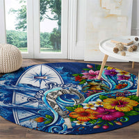 American Samoa Pago Pago Round Carpet Sea Turtle And Fruit Bat - Tropical Hibiscus Flowers Polynesian