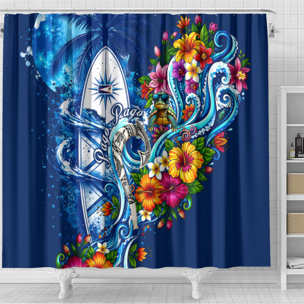 American Samoa Pago Pago Shower Curtain Sea Turtle And Fruit Bat - Tropical Hibiscus Flowers Polynesian