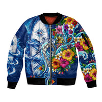 American Samoa Pago Pago Sleeve Zip Bomber Jacket Sea Turtle And Fruit Bat - Tropical Hibiscus Flowers Polynesian