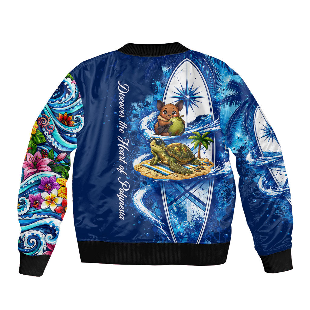 American Samoa Pago Pago Sleeve Zip Bomber Jacket Sea Turtle And Fruit Bat - Tropical Hibiscus Flowers Polynesian