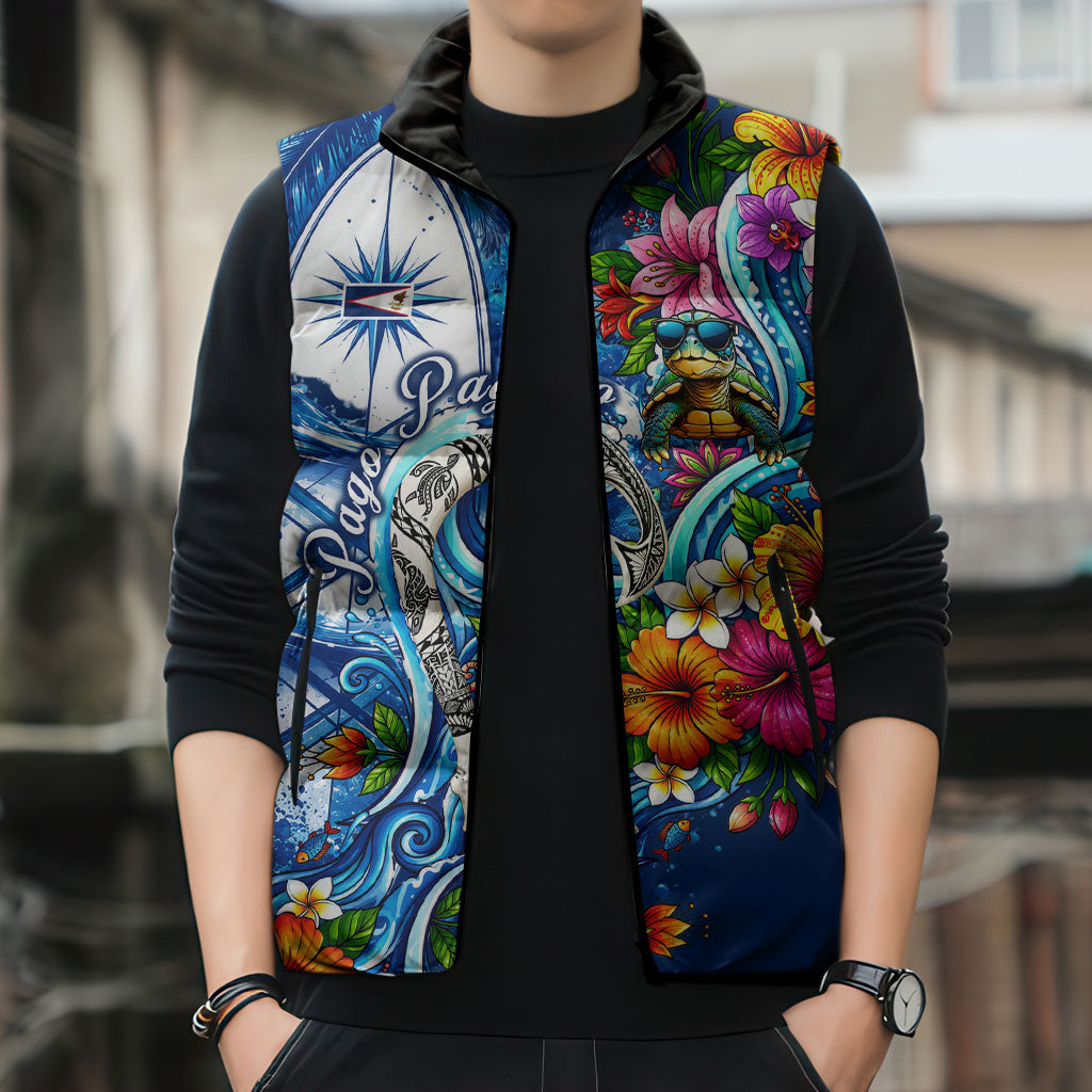 American Samoa Pago Pago Sleeveless Puffer Jacket Sea Turtle And Fruit Bat - Tropical Hibiscus Flowers Polynesian