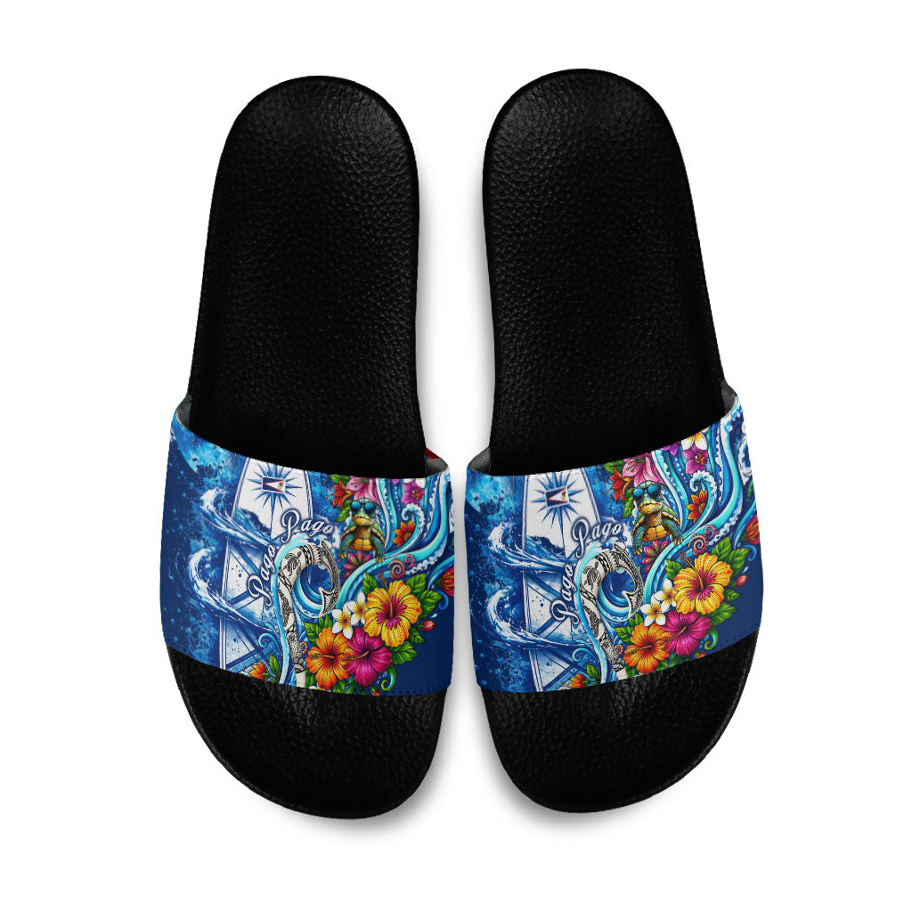 American Samoa Pago Pago Slide Sandals Sea Turtle And Fruit Bat - Tropical Hibiscus Flowers Polynesian TS04 Blue White - Polynesian Pride