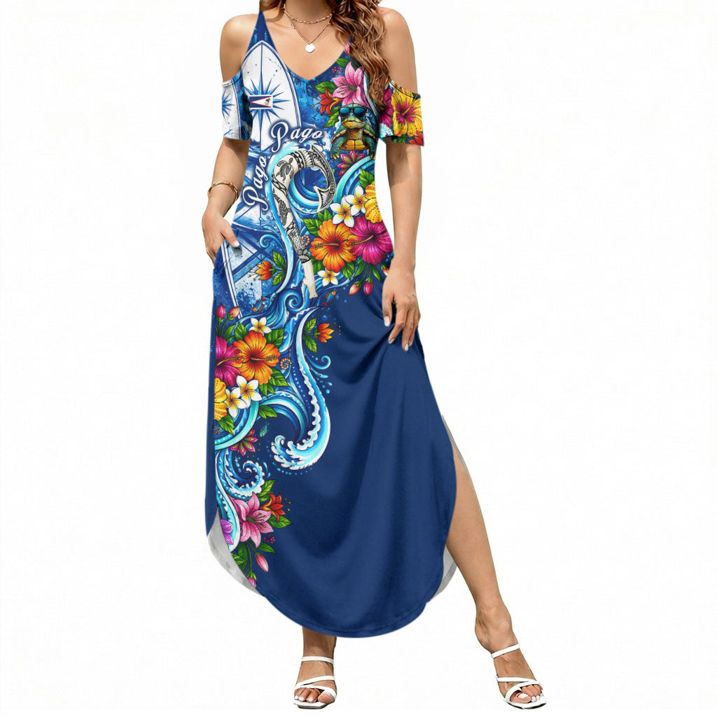 American Samoa Pago Pago Summer Maxi Dress Sea Turtle And Fruit Bat - Tropical Hibiscus Flowers Polynesian