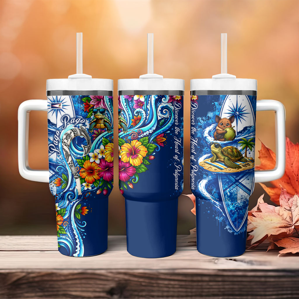 American Samoa Pago Pago Tumbler With Handle Sea Turtle And Fruit Bat - Tropical Hibiscus Flowers Polynesian