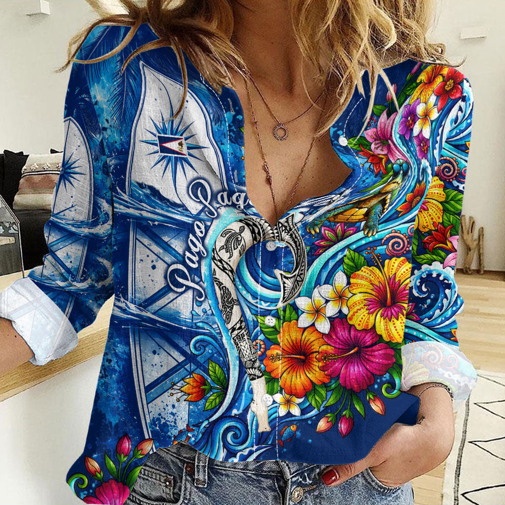 American Samoa Pago Pago Women Casual Shirt Sea Turtle And Fruit Bat - Tropical Hibiscus Flowers Polynesian