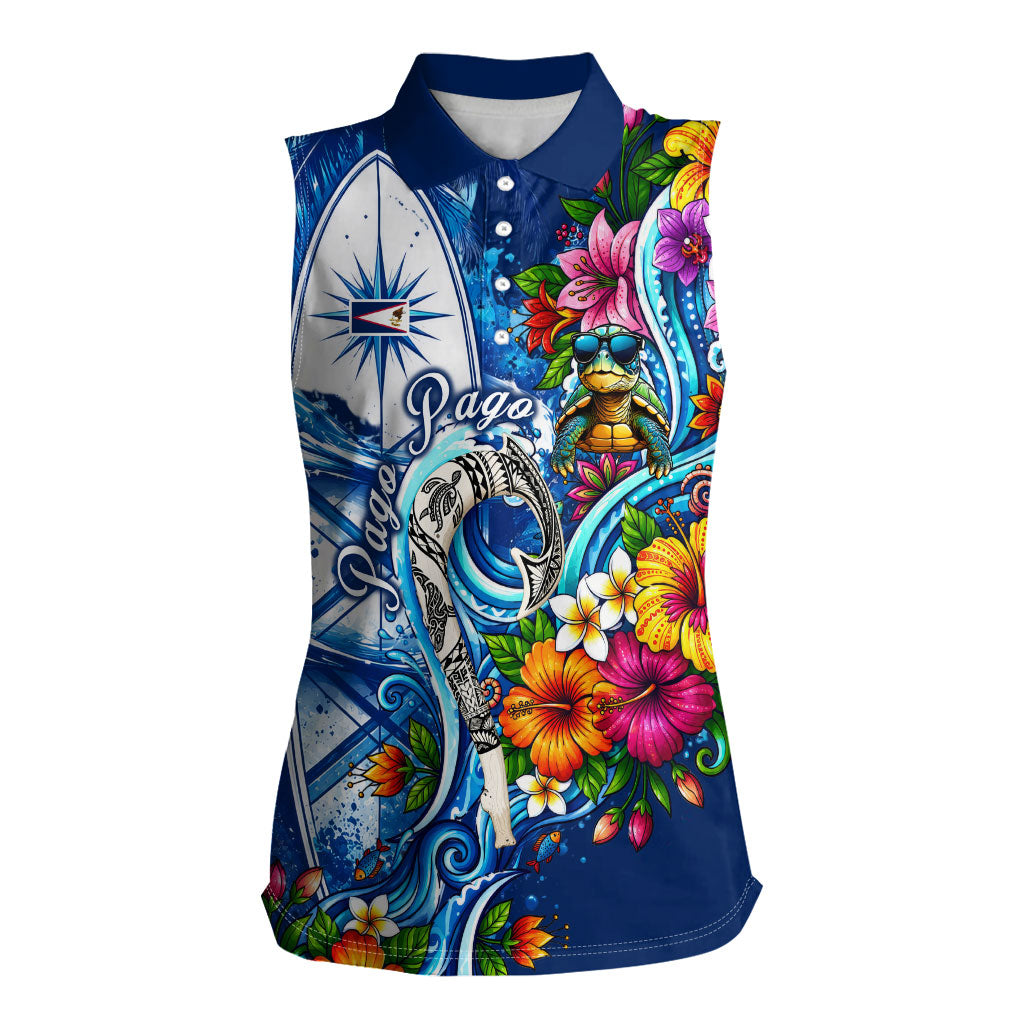 American Samoa Pago Pago Women Sleeveless Polo Shirt Sea Turtle And Fruit Bat - Tropical Hibiscus Flowers Polynesian