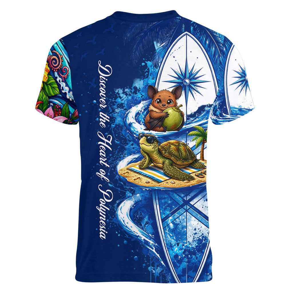 American Samoa Pago Pago Women V-Neck T-Shirt Sea Turtle And Fruit Bat - Tropical Hibiscus Flowers Polynesian