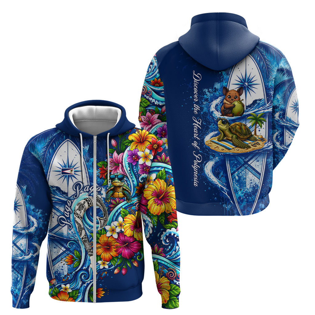 American Samoa Pago Pago Zip Hoodie Sea Turtle And Fruit Bat - Tropical Hibiscus Flowers Polynesian