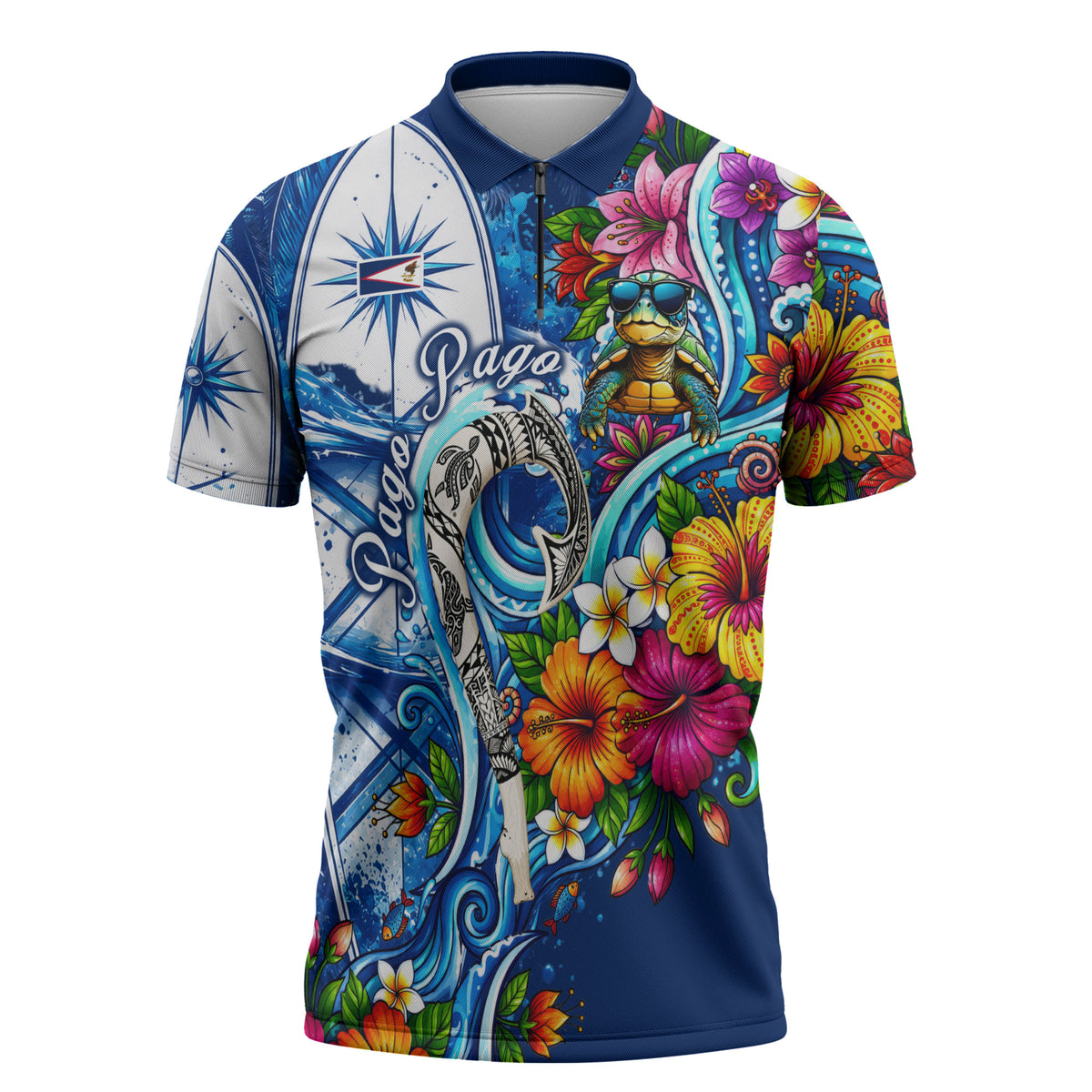 American Samoa Pago Pago Zipper Polo Shirt Sea Turtle And Fruit Bat - Tropical Hibiscus Flowers Polynesian