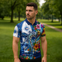 American Samoa Pago Pago Zipper Polo Shirt Sea Turtle And Fruit Bat - Tropical Hibiscus Flowers Polynesian