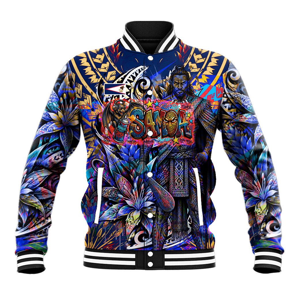 American Samoa Warrior Baseball Jacket Polynesian Fruit Bat Talofa Urban Graffiti Street Art TS04 Unisex Blue Yellow - Polynesian Pride