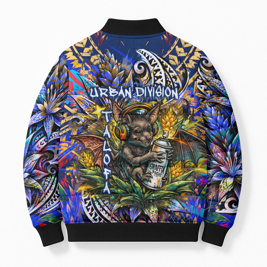 American Samoa Warrior Bomber Puffer Jacket Polynesian Fruit Bat Talofa Urban Graffiti Street Art