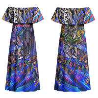 American Samoa Warrior Couples Matching Off Shoulder Maxi Dress and Hawaiian Shirt Polynesian Fruit Bat Talofa Urban Graffiti Street Art