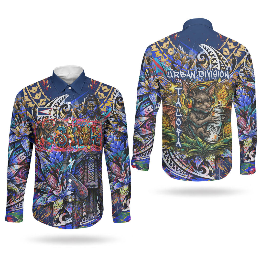 American Samoa Warrior Couples Matching Off Shoulder Maxi Dress and Long Sleeve Button Shirt Polynesian Fruit Bat Talofa Urban Graffiti Street Art