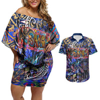 American Samoa Warrior Couples Matching Off Shoulder Short Dress and Hawaiian Shirt Polynesian Fruit Bat Talofa Urban Graffiti Street Art