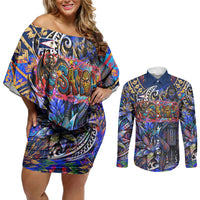 American Samoa Warrior Couples Matching Off Shoulder Short Dress and Long Sleeve Button Shirt Polynesian Fruit Bat Talofa Urban Graffiti Street Art