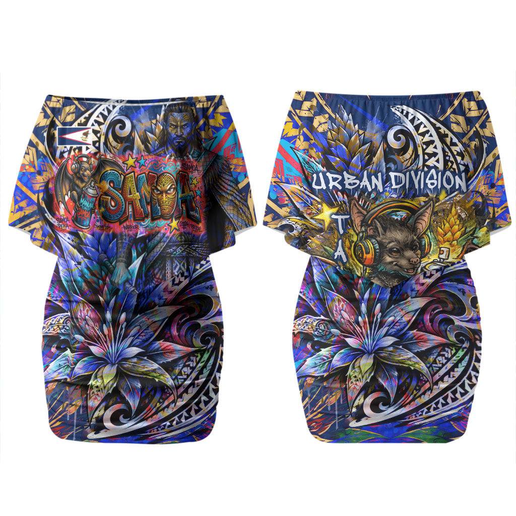 American Samoa Warrior Couples Matching Off Shoulder Short Dress and Long Sleeve Button Shirt Polynesian Fruit Bat Talofa Urban Graffiti Street Art
