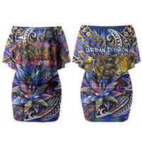 American Samoa Warrior Couples Matching Off Shoulder Short Dress and Long Sleeve Button Shirt Polynesian Fruit Bat Talofa Urban Graffiti Street Art