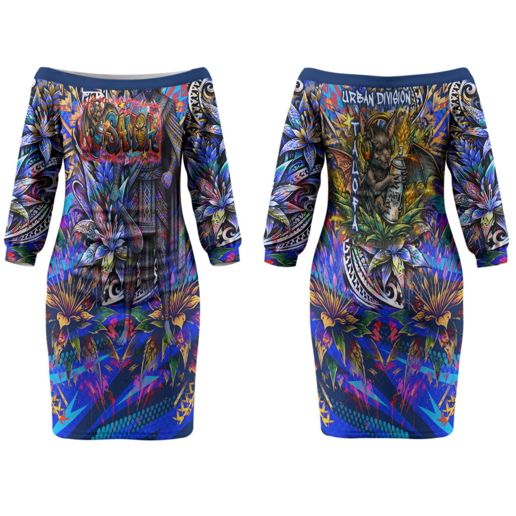 American Samoa Warrior Couples Matching Off The Shoulder Long Sleeve Dress and Hawaiian Shirt Polynesian Fruit Bat Talofa Urban Graffiti Street Art