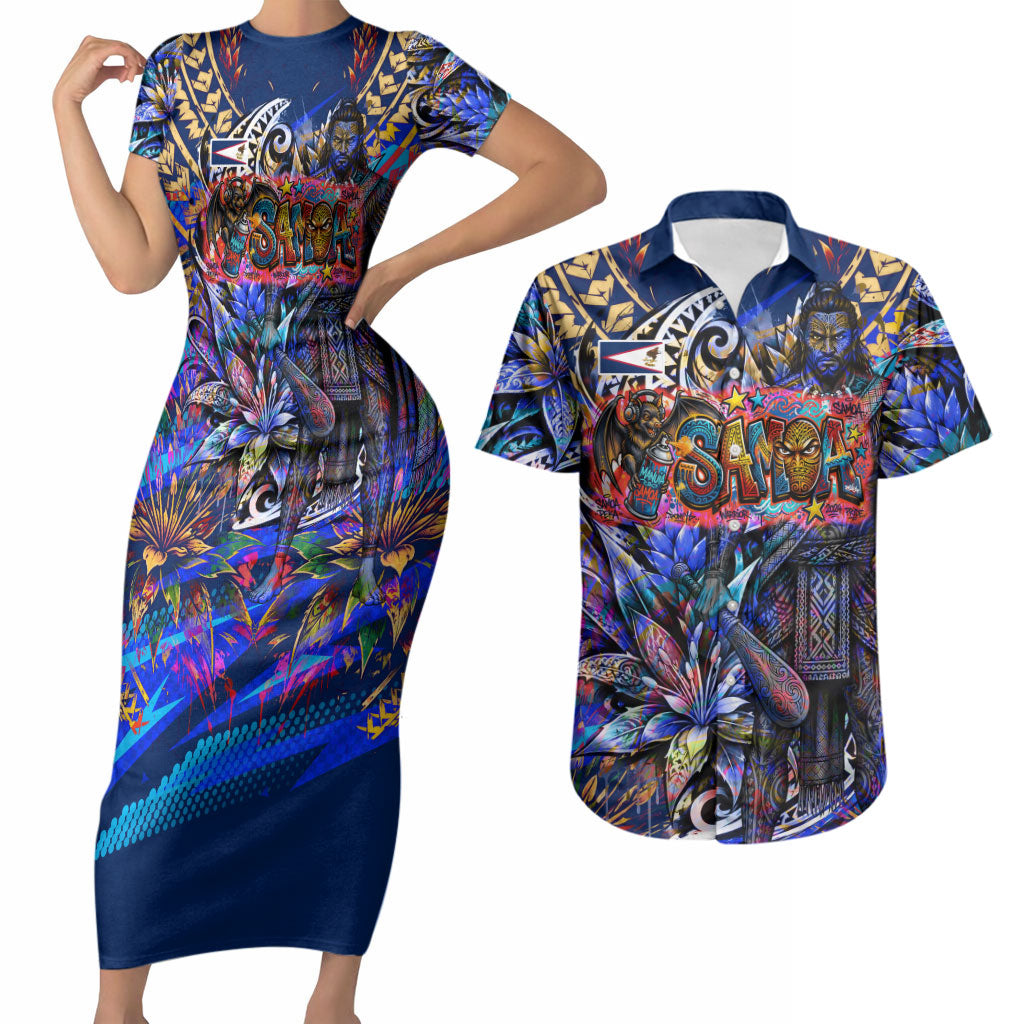 American Samoa Warrior Couples Matching Short Sleeve Bodycon Dress and Hawaiian Shirt Polynesian Fruit Bat Talofa Urban Graffiti Street Art TS04 Blue Yellow - Polynesian Pride