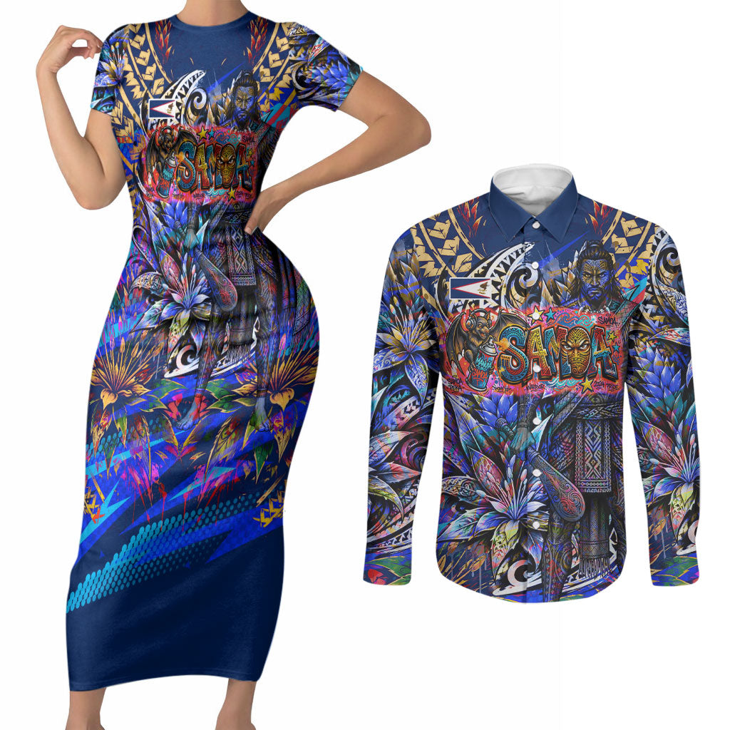 American Samoa Warrior Couples Matching Short Sleeve Bodycon Dress and Long Sleeve Button Shirt Polynesian Fruit Bat Talofa Urban Graffiti Street Art