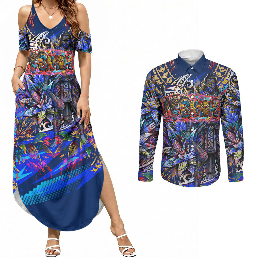 American Samoa Warrior Couples Matching Summer Maxi Dress and Long Sleeve Button Shirt Polynesian Fruit Bat Talofa Urban Graffiti Street Art TS04 Blue Yellow - Polynesian Pride