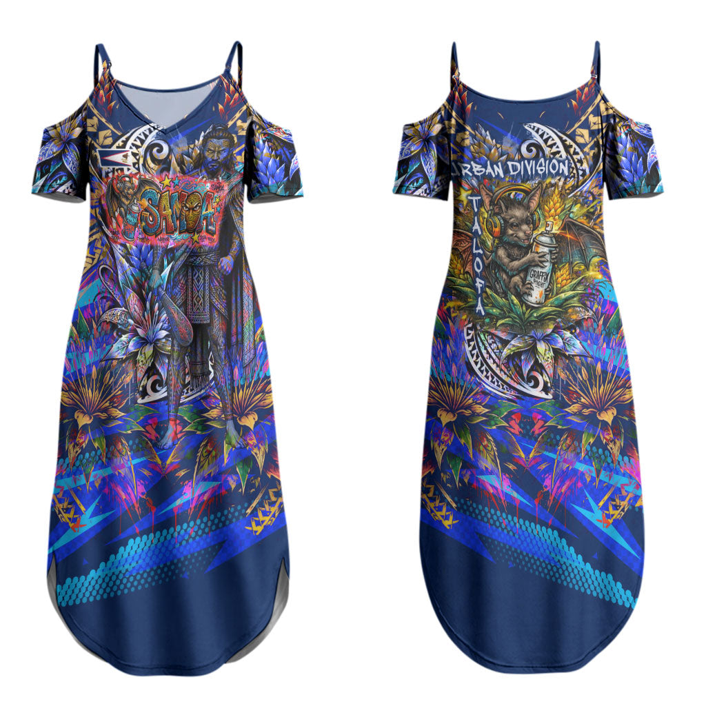 American Samoa Warrior Couples Matching Summer Maxi Dress and Long Sleeve Button Shirt Polynesian Fruit Bat Talofa Urban Graffiti Street Art
