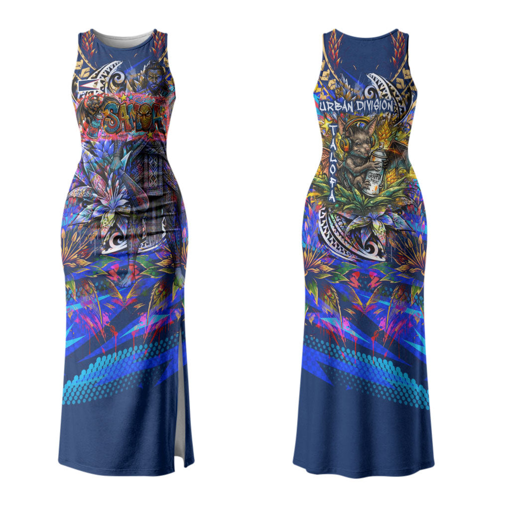 American Samoa Warrior Couples Matching Tank Maxi Dress and Long Sleeve Button Shirt Polynesian Fruit Bat Talofa Urban Graffiti Street Art