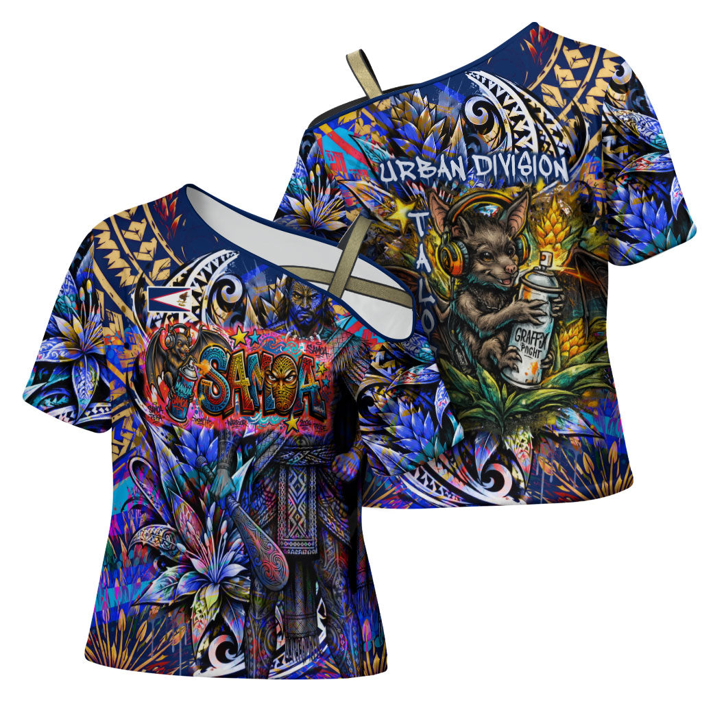 American Samoa Warrior Cross Shoulder Shirt Polynesian Fruit Bat Talofa Urban Graffiti Street Art