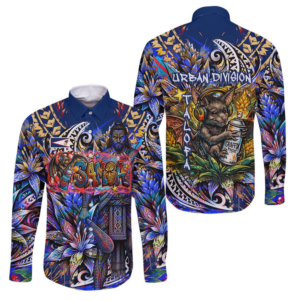 American Samoa Warrior Family Matching Off The Shoulder Long Sleeve Dress and Hawaiian Shirt Polynesian Fruit Bat Talofa Urban Graffiti Street Art