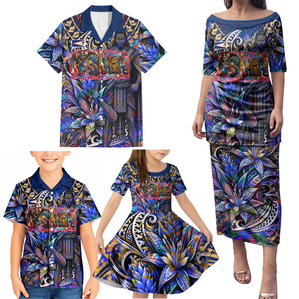American Samoa Warrior Family Matching Puletasi and Hawaiian Shirt Polynesian Fruit Bat Talofa Urban Graffiti Street Art