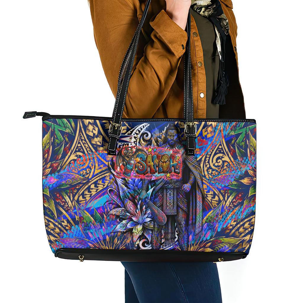 American Samoa Warrior Leather Tote Bag Polynesian Fruit Bat Talofa Urban Graffiti Street Art
