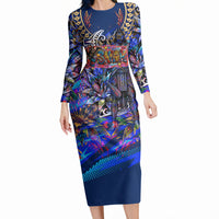 American Samoa Warrior Long Sleeve Bodycon Dress Polynesian Fruit Bat Talofa Urban Graffiti Street Art