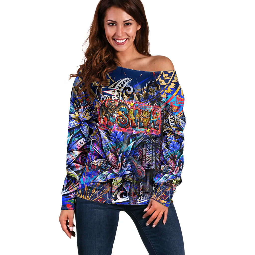 American Samoa Warrior Off Shoulder Sweater Polynesian Fruit Bat Talofa Urban Graffiti Street Art