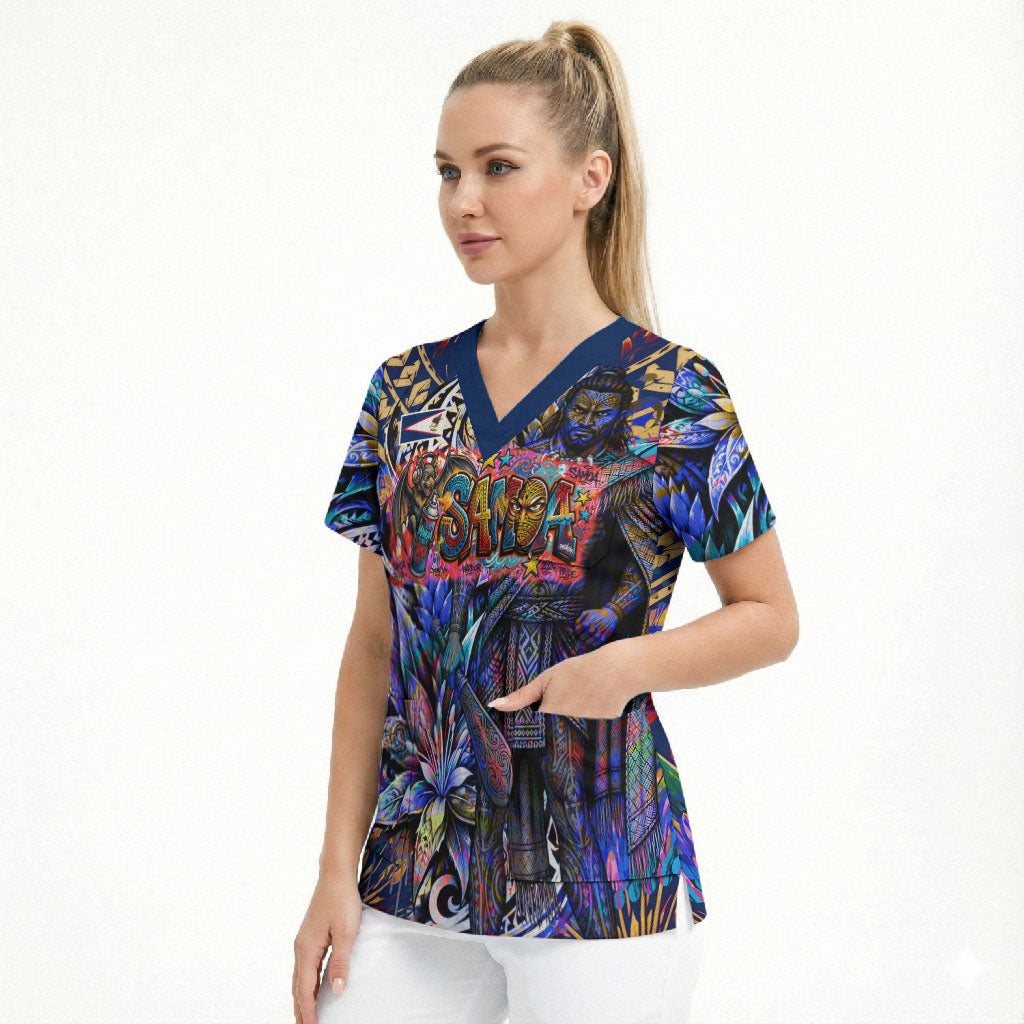 American Samoa Warrior Scrub Top Polynesian Fruit Bat Talofa Urban Graffiti Street Art