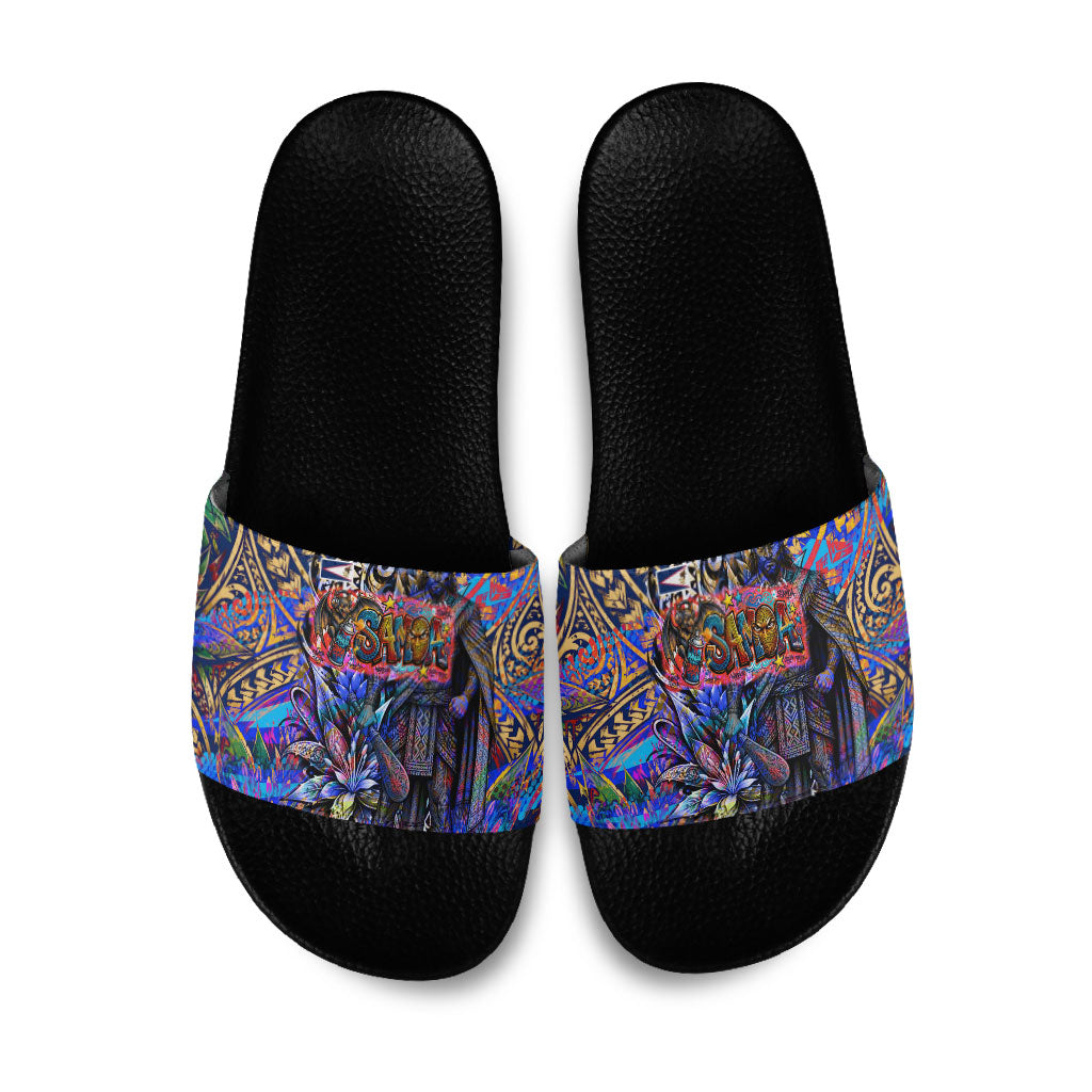 American Samoa Warrior Slide Sandals Polynesian Fruit Bat Talofa Urban Graffiti Street Art TS04 Blue Yellow - Polynesian Pride