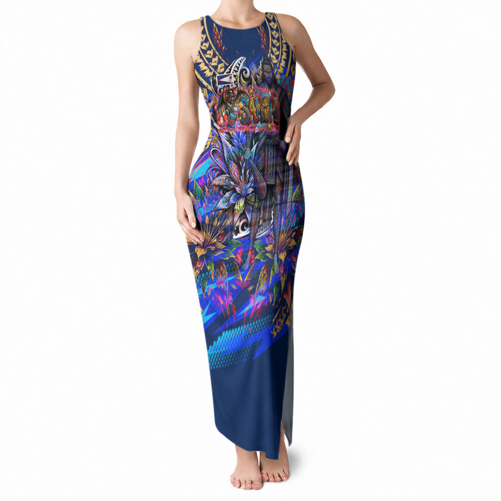 American Samoa Warrior Tank Maxi Dress Polynesian Fruit Bat Talofa Urban Graffiti Street Art TS04 Women Blue Yellow - Polynesian Pride