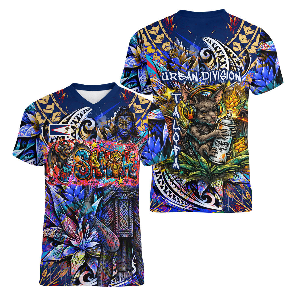 American Samoa Warrior Women V-Neck T-Shirt Polynesian Fruit Bat Talofa Urban Graffiti Street Art