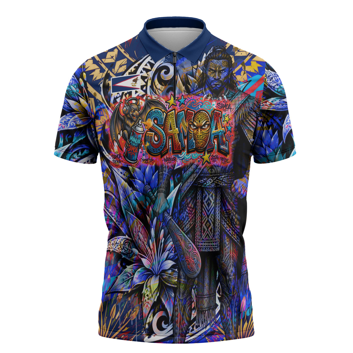 American Samoa Warrior Zipper Polo Shirt Polynesian Fruit Bat Talofa Urban Graffiti Street Art