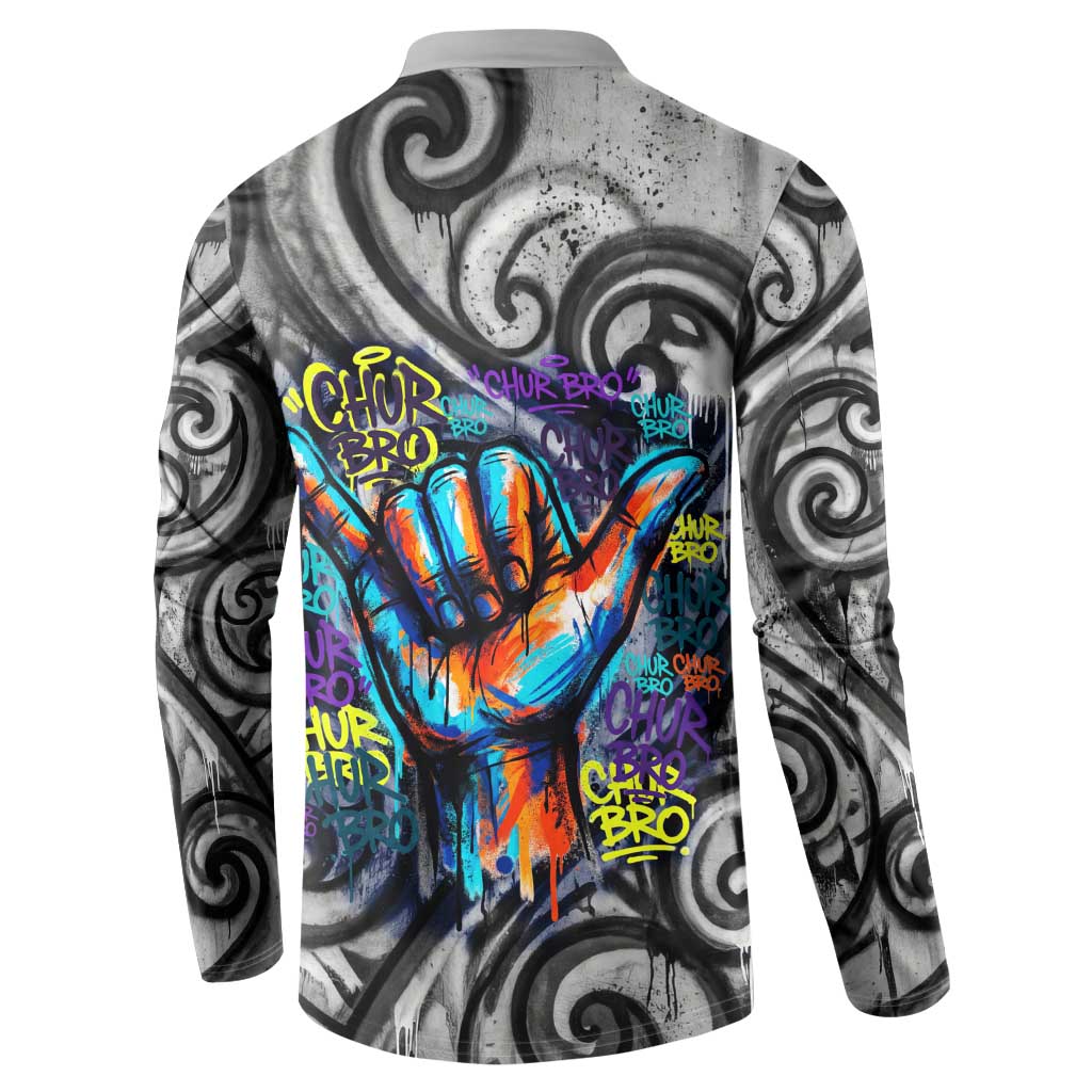 Chur Bro Shaka Sign Button Sweatshirt New Zealand Koru Colorful Graffiti Splash