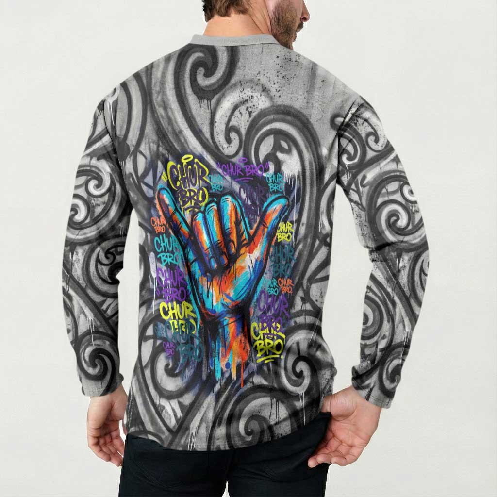 Chur Bro Shaka Sign Button Sweatshirt New Zealand Koru Colorful Graffiti Splash