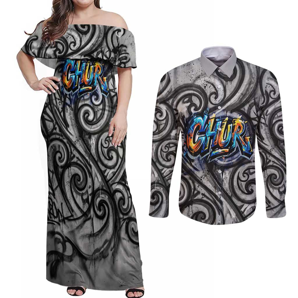 Chur Bro Shaka Sign Couples Matching Off Shoulder Maxi Dress and Long Sleeve Button Shirt New Zealand Koru Colorful Graffiti Splash