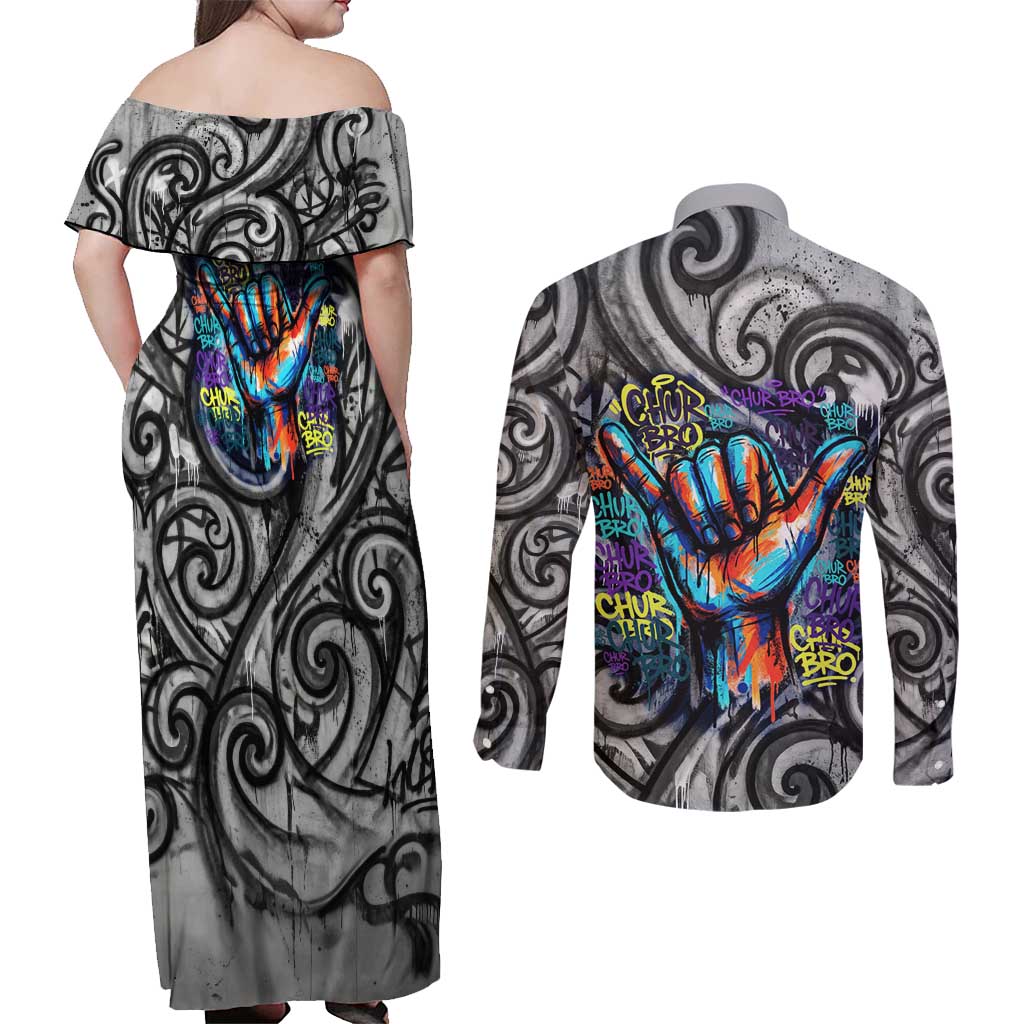 Chur Bro Shaka Sign Couples Matching Off Shoulder Maxi Dress and Long Sleeve Button Shirt New Zealand Koru Colorful Graffiti Splash
