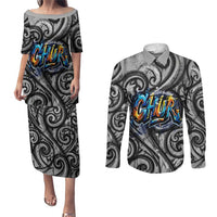 Chur Bro Shaka Sign Couples Matching Puletasi and Long Sleeve Button Shirt New Zealand Koru Colorful Graffiti Splash