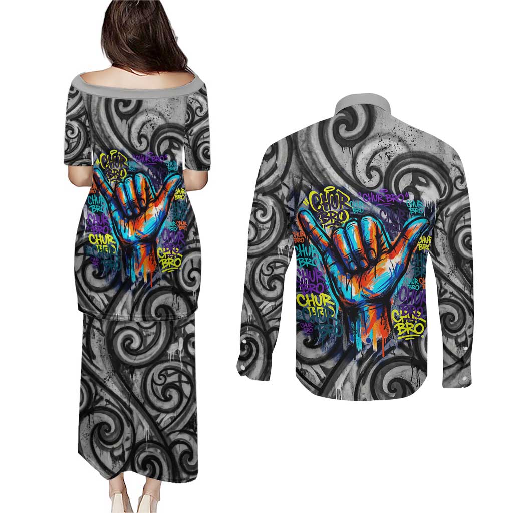 Chur Bro Shaka Sign Couples Matching Puletasi and Long Sleeve Button Shirt New Zealand Koru Colorful Graffiti Splash