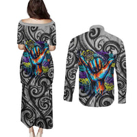 Chur Bro Shaka Sign Couples Matching Puletasi and Long Sleeve Button Shirt New Zealand Koru Colorful Graffiti Splash