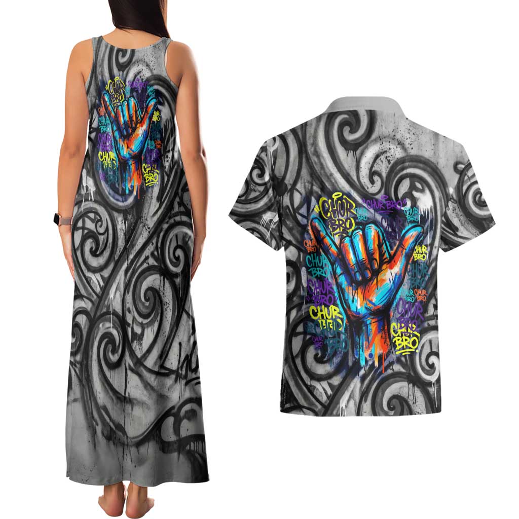 Chur Bro Shaka Sign Couples Matching Tank Maxi Dress and Hawaiian Shirt New Zealand Koru Colorful Graffiti Splash
